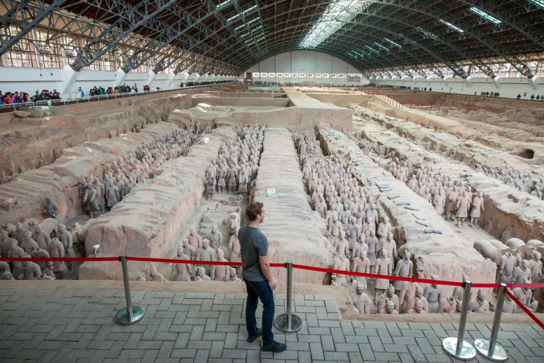 Mark Zuckerberg looking at the Terracotta Army in China.