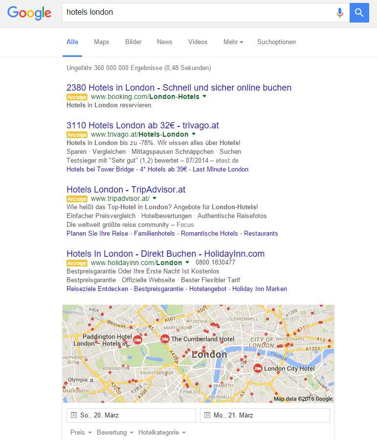 Der Extremfall “hotels london” zeigt das Verschwinden von SEO below the fold.