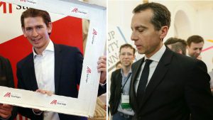 Sebastian Kurz und Christian Kern bei ihren Besuchen des Pioneers Festivals. @ Österreichisches Außenministerium/SPÖ Presse