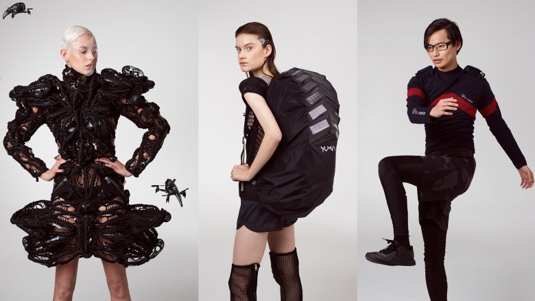 "TranSwarm Entities" von Maartje Dijkstra, der Solarzellen-Rucksack "Yuma" und "Trainwear" von Gernot Bahle, Bo Zhou und Lorenzo Fürg. © Telekom Fashion Fusion