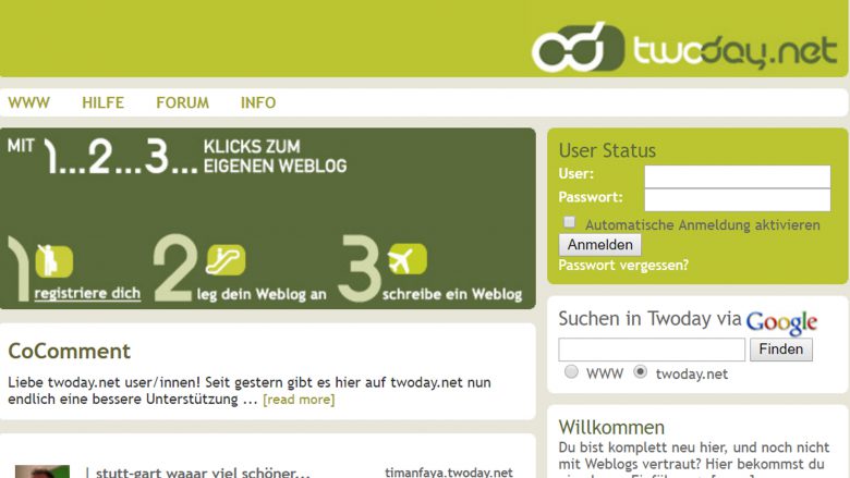 Twoday sah schon 2006 so aus wie heute. © Screenshot/Internet Archive