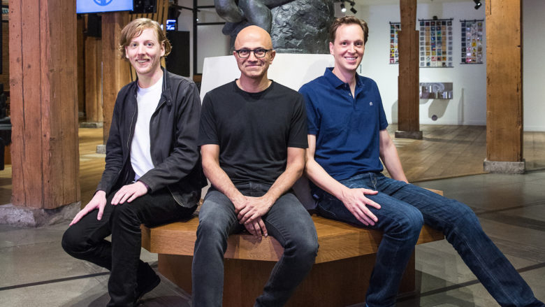 Chris Wanstrath (Github CEO) Satya Nadella (Microsoft CEO) und Nat Friedman (Microsoft corporate vice president, Developer Services). © Microsoft