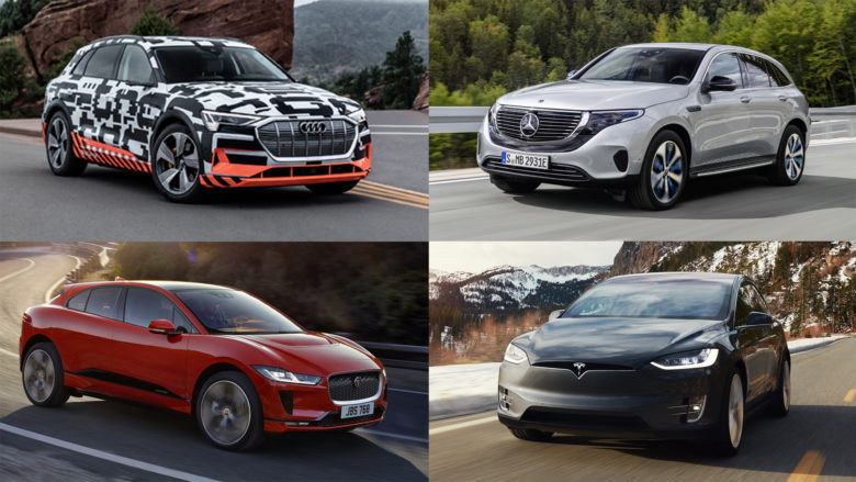 Audi e-tron, Mercedes EQC, Jaguar I-Pace und Tesla Model X. © Audi, Daimler, Jaguar, Tesla / Montage Trending Topics