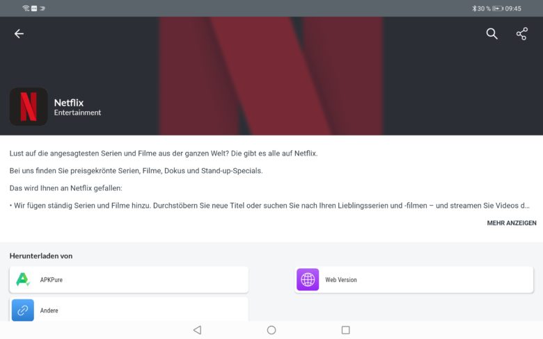 Netflix beispielsweise lässt sich nur per APK über "MoreApp" installieren. 