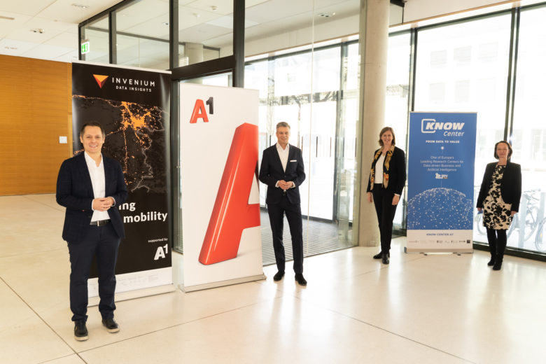 Michael Cik, Founder und CSO von Invenium, A1 Group CEO Thomas Arnoldner, Barbara Eibinger-Miedl, Wirtschafts- und Forschungslandesrätin Steiermark, Stefanie Lindstaedt, CEO Know-Center. © A1 Telekom Austria