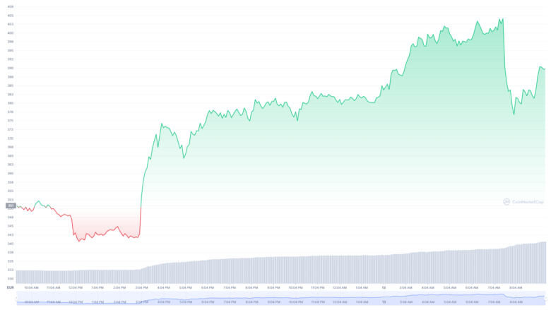 Der Binance Coin-Chart der letzten 24 Stunden. © CoinMarketCap