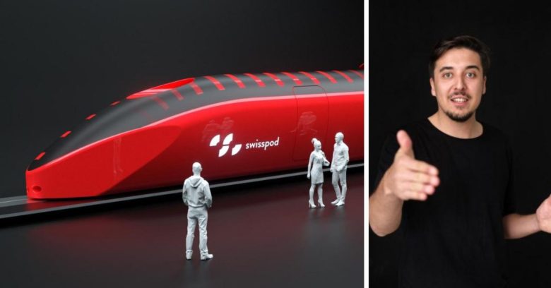 Denis Tudor, CEO and Co-founder at Swisspod Technologies on the right side and the concept for Swisspod's hyperloop capsule on the left side © Swisspod Technologies