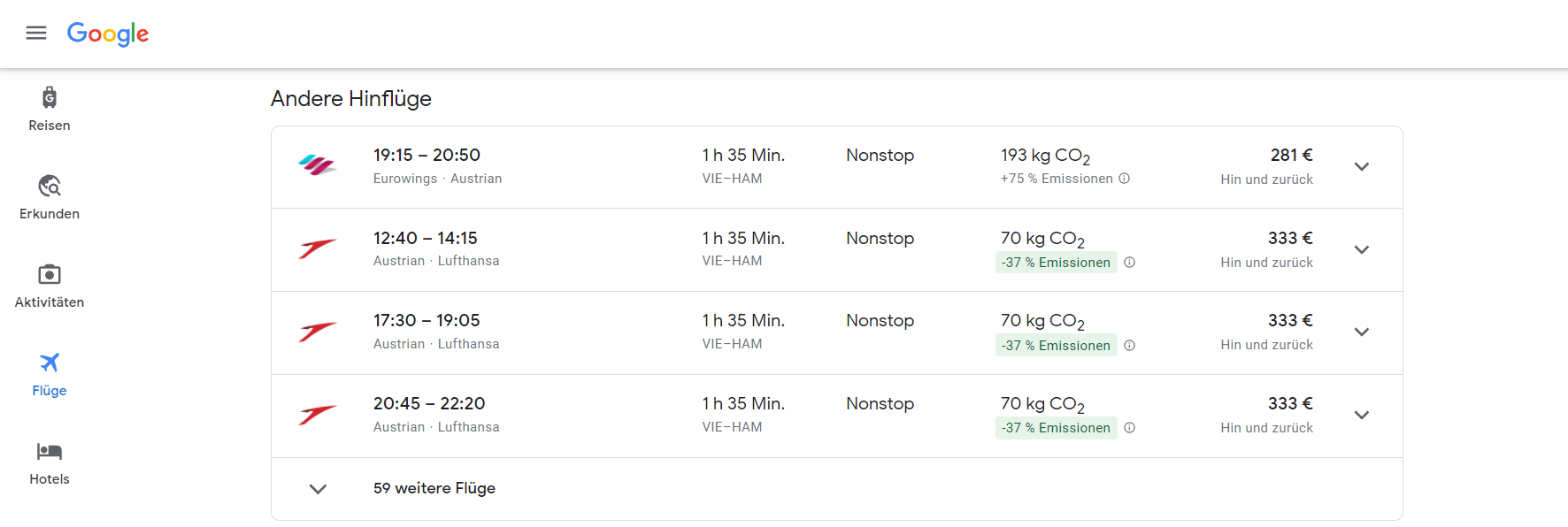 Google Flüge mit CO2-Emissionen