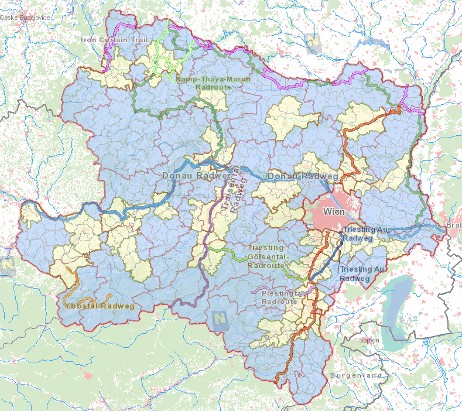 Blau gefärbt sind Regionen für die "ländliche Erschließung", in den Bereichen ohne Färbung wird das "Rad-Basisnetz" gefördert © Land Niederösterreich