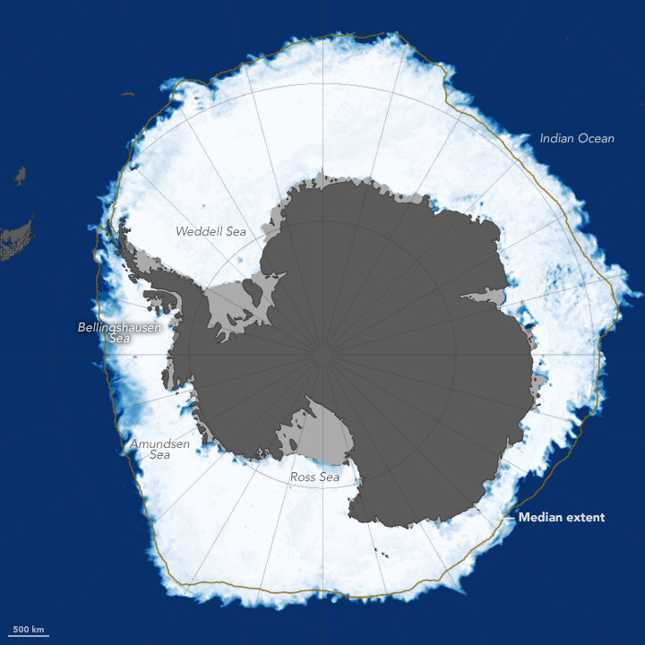 Meereiskonzentration am 20. September 2014 in der Antarktis. © NASA