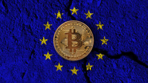 Bitcoin with cracked EU Flag. © inkdrop on Canva Pro