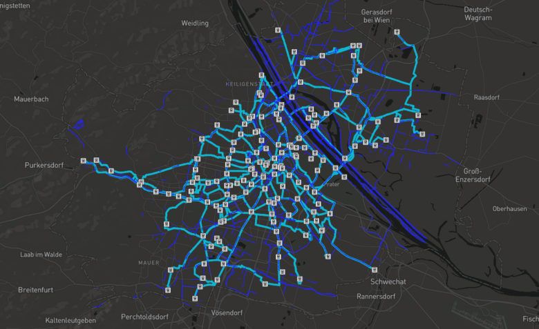 Ideale Fahrradwege in Wien, wenn man Zugstationen als Knotenpunkte annimmt. ©Screenshot Growbike