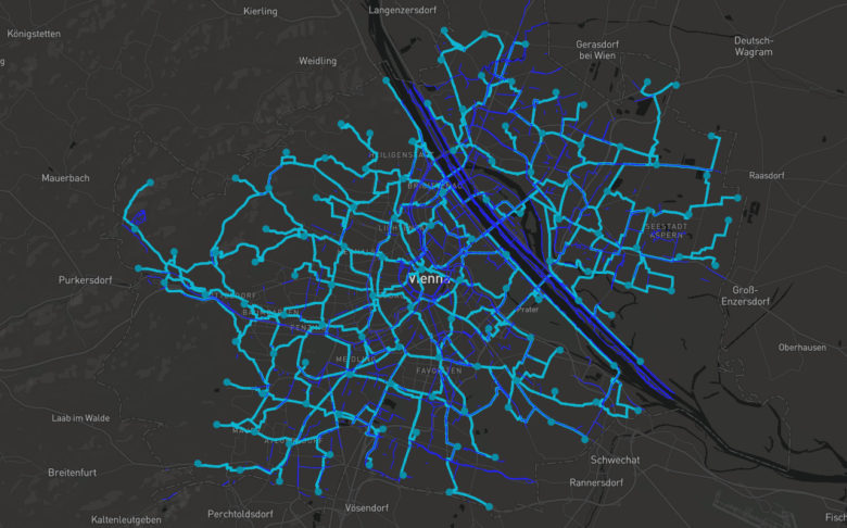 Das Wiener Radnetz in dunkelblau sowie die idealisierte Simulation in türkis. © Screenshot Growbike