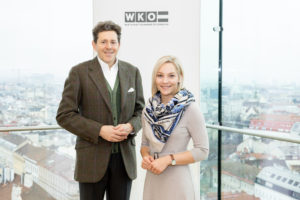 WKÖ-Präsident Harald Mahrer mit Junge Wirtschaft-Bundesvorsitzender Bettina Pauschenwein. © www.annarauchenberger.com / Anna Rauchenberger