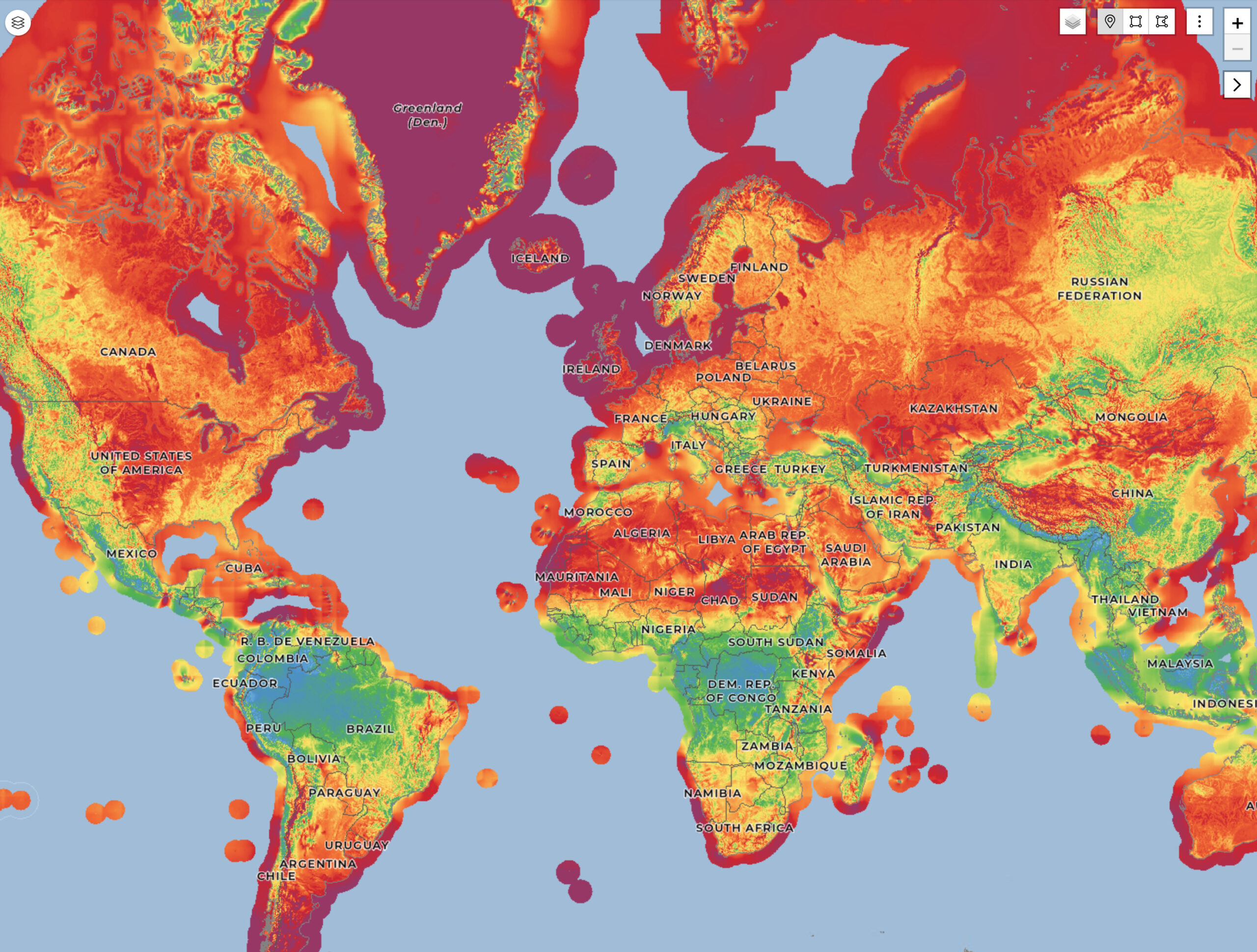 Weltkarte für Windkraftstandorte. © globalwindatlas.info