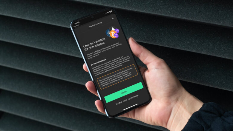 Warnhinweis in der Bitpanda-App zu "Leverage". © Bitpanda / Canva Pro