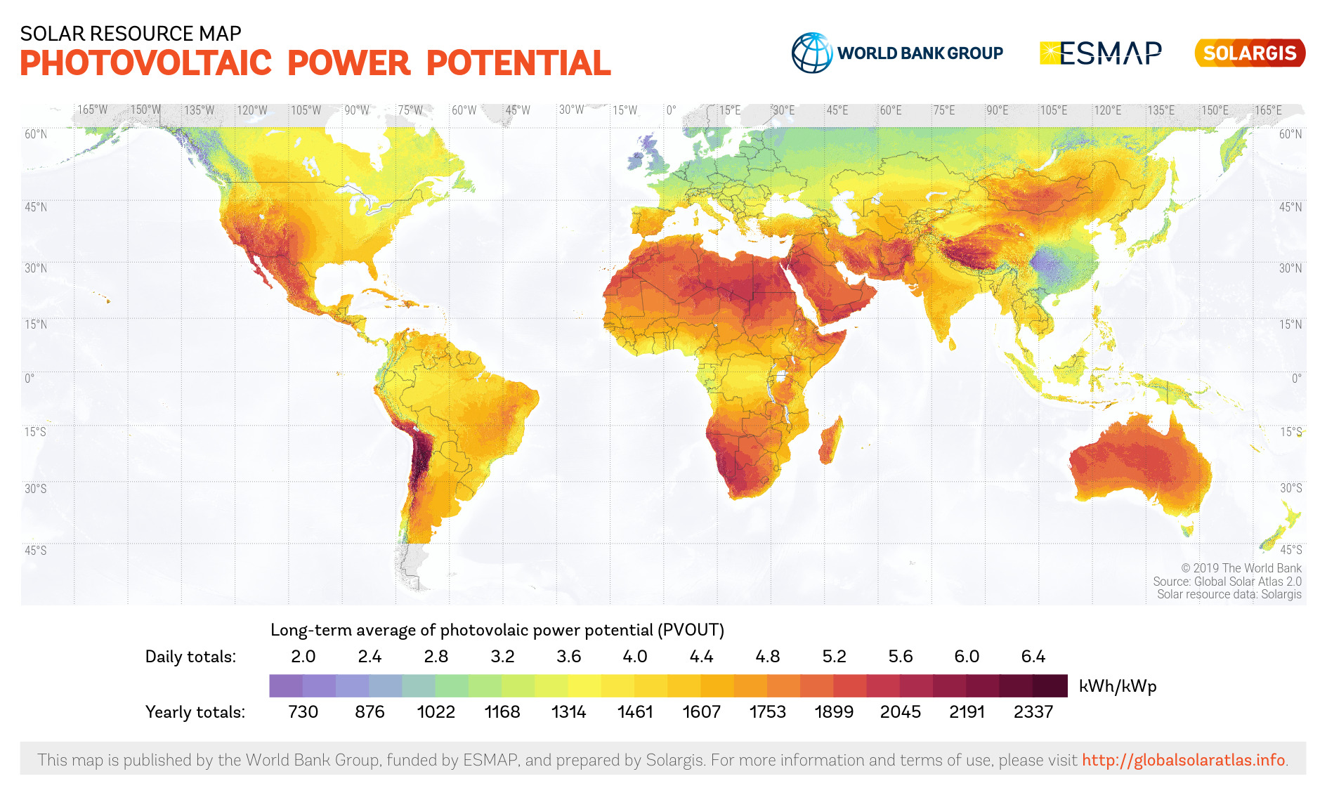 Weltkarte für Solarstandorte. © © 2020 The World Bank, Source: Global Solar Atlas 2.0