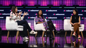 (v.l.n.r.) Melda Akin (D14 AI), Vera Baker (Unconventional Ventures) und Eileen Burbidge (Fertifa) © Sam Barnes/Web Summit via Sportsfile