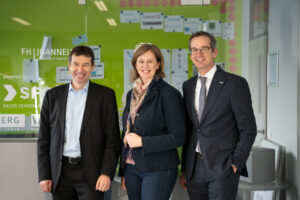 Vizrektor der Montanuni Helmut Antrekowitsch, Landesrätin Barbara Eibinger-Miedl, Geschäftsführer der FH Joanneum Martin Payer. © FH Joanneum