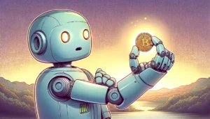 Kleiner Roboter findet Krypto-Münze. © Trending Topics / Dall-E