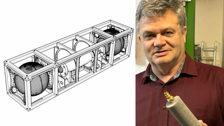 Wasserstoffspeicher Akku.muv (l.) und Erfinder Stefan Ostermann von Protonen Akkumulator. © Protonen Akkumulator