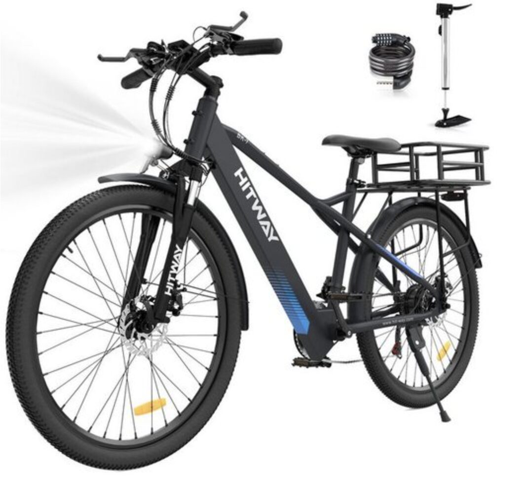 Das E-Bike der Marke Hitway ist ein unisex E-Mountainbike „26 Zoll 250W,36V/11.2Ah MTB Elektrofahrrad, Shimano” und ist ab 819,99 Euro erhältlich. © thecycleverse 