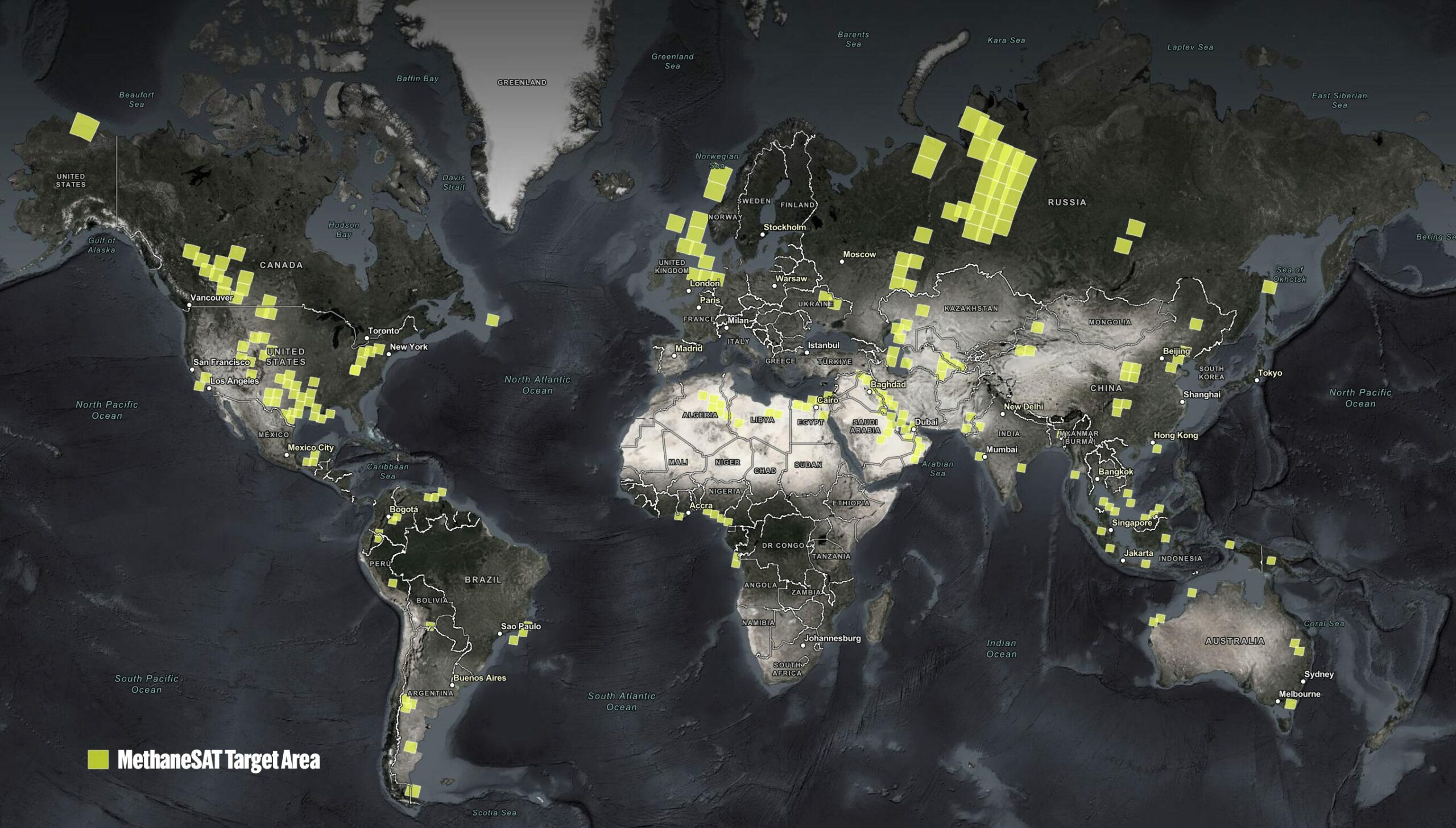 Auf der Karte sind die Zielgebiete des MethaneSAT ersichtlich. © Environmental Defense Fund 