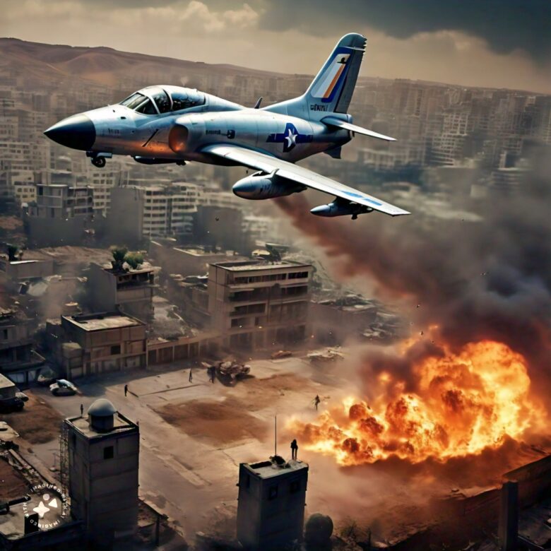 Versuch 1. Prompt: "an Israeli warplane flies over Iran and drops some bombs on a city. the people in the iranian city run away of the bombs that destroy the buildings".