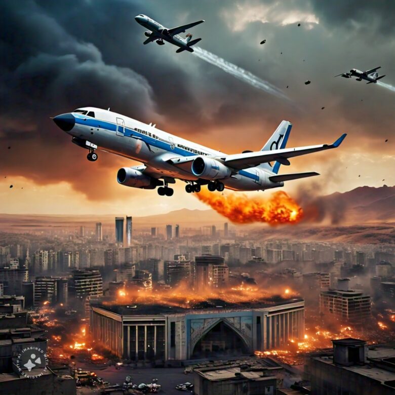 an Israeli warplane flies over Iran and drops some bombs on teheran