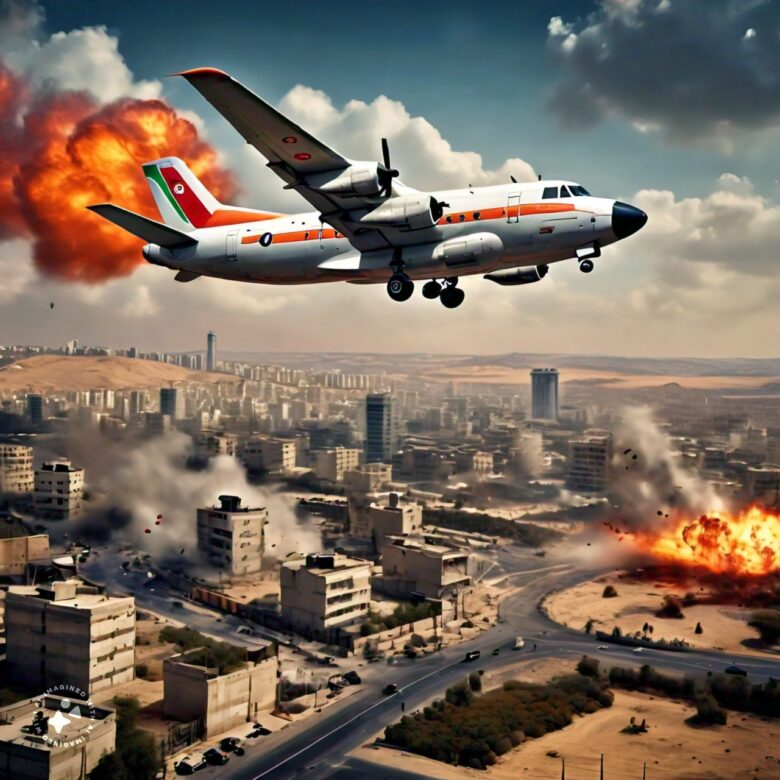 an iranian warplane flies over israel and drops some bombs on a city. the people in the city run away of the bombs that destroy the buildings