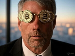 Michael Saylor mit Bitcoin auf den Augen, gemalt von KI. © Trending Topics via Grok