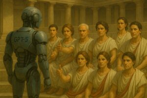 GPT-5-Roboter stellt sich der strengen Jury in Symbolbild. © Trending Topics via ChatGPT 5