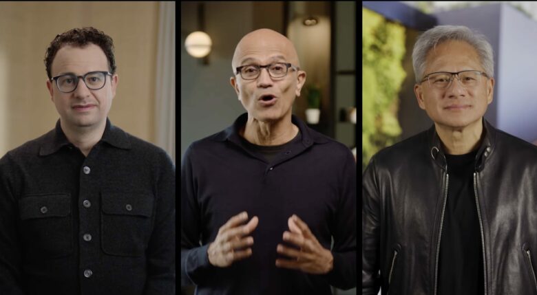 Anthopic-CEO Dario Amodei, Microsoft-CEO Satya Nadella und NVIDIA-CEO Jensen Huang. © Microsoft/Anthropic/Nvidia