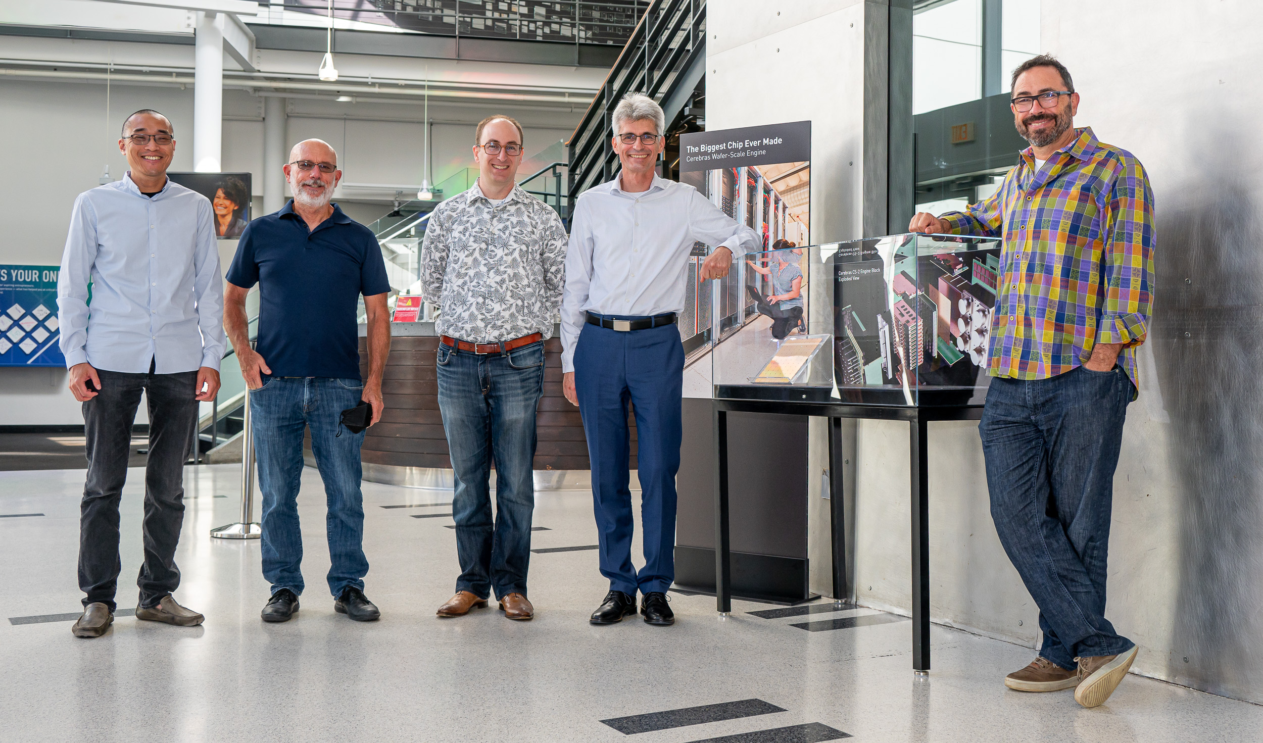 Cerebras founders Sean Lie, Gary Lauterbach, Michael James, Jean-Philippe Fricker and Andrew Feldman with the Wafer-Scale Engine display at the Computer HIstory Museum in Mountain View, California. © Cerebras