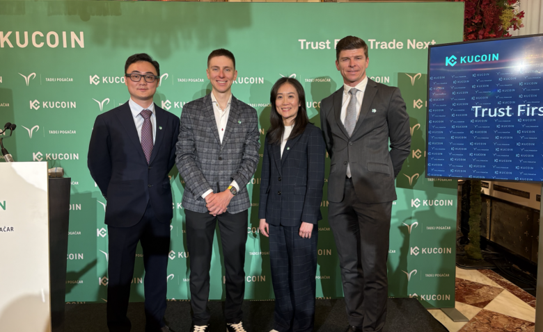 KuCoin CEO BC Wong, Brand Ambassador Tadej Pogacar, Sabina Liu (MD of KuCoin EU) & Christian Niedermüller (COO KuCoin EU). © Trending Topics