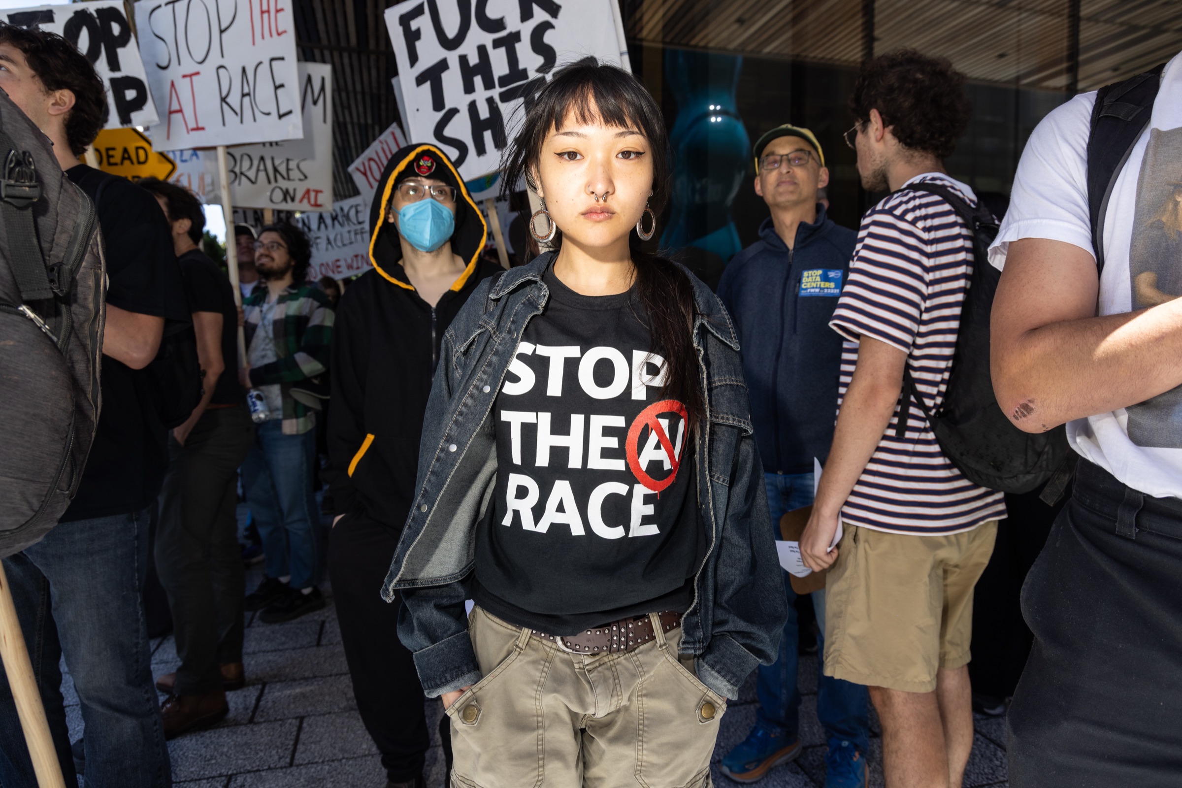 Protesters march from OpenAI headquarters to Google headquarters during a demonstration in San Francisco on Friday, July 11, 2026. © Rachel Bujalski